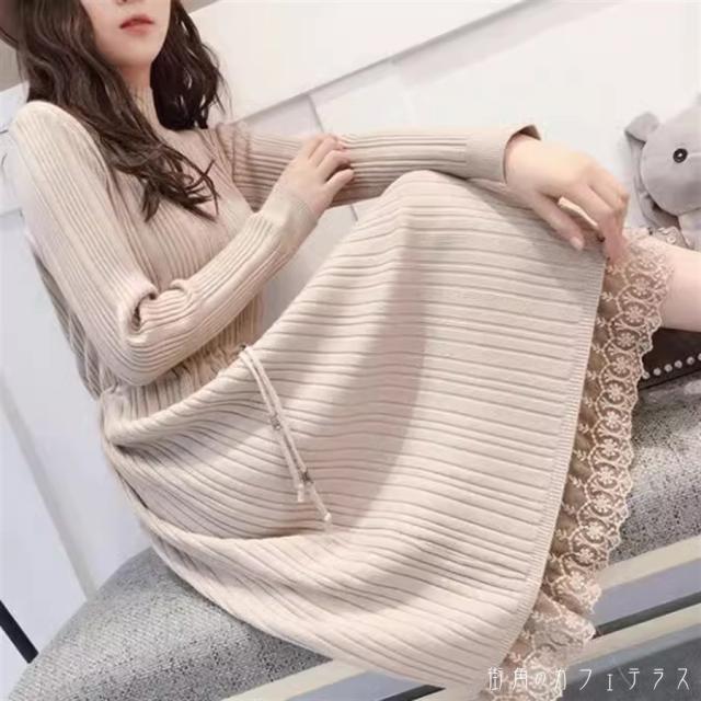 ロングワンピ 3色 ロング ひざ丈 ミモレ 長袖 ハイネック Aライン フレア レース 異素材切り替え ドッキング 厚手生地 ニット エレガント 可愛い 大人可愛い きれいめ シンプル カジュアル シック コンサバ 華やか 大人 上品 おしゃれ お洒落 こなれ感 高見え 無地 秋 冬の通販は 6,980円