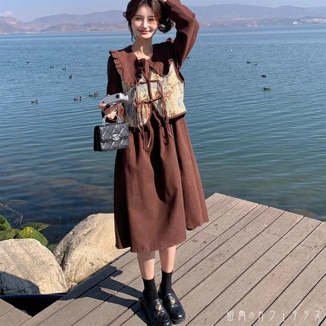 ロングワンピ 2色 2点セット ロング ミモレ 長袖 Vネック 襟付き リボン 薄手生地 可愛い 大人可愛い きれいめ シンプル カジュアル コンサバ 華やか 大人 上品 おしゃれ お洒落 レトロ こなれ感 フェミニン ガーリー 秋 冬 オールシーズン シーズンレス レディース 女性用の通販は