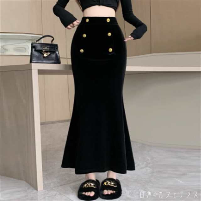 ロングスカート マーメイドスカート マキシ丈 フレア Aライン ボタン ハイウエスト 厚手 ベロア かわいい 大人可愛い きれいめ カジュアル 大人 上品 おしゃれ お洒落 こなれ感 コンサバ系 モード系 エレガント レディライク ガーリー 無地 秋 冬 誕生日会 20代 30代 40代の通販は