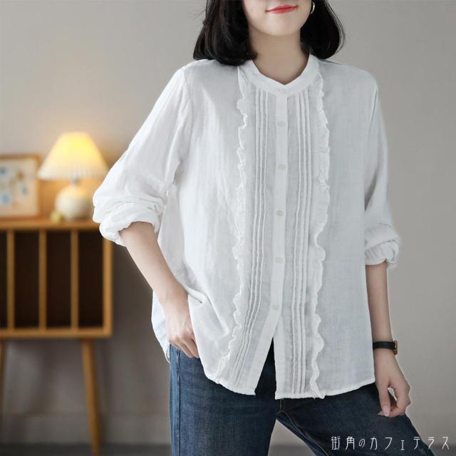 レディース トップス ブラウス 襟なし スタンドカラー バンドカラー レース ゆったり 体型カバー 大きいフリーサイズ 長袖 ホワイト 白 20代 30代 40代 通勤 通学 オフィス お出掛け 女子会 お呼ばれ 秋冬の通販は