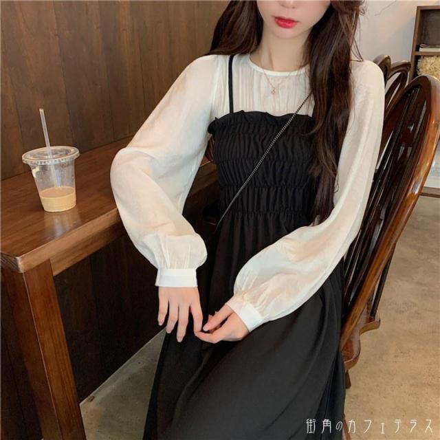 レディース ワンピース フレアワンピース ワンピドレス ドッキングワンピ ミディアム ひざ丈 袖あり 長袖 萌袖 Oネック フレア Aライン ハイウエスト かわいい 大人可愛い きれいめ シンプル カジュアル 大人 上品 おしゃれ お洒落 大人女子 こなれ感 無地 10代 20代 30代の通販は