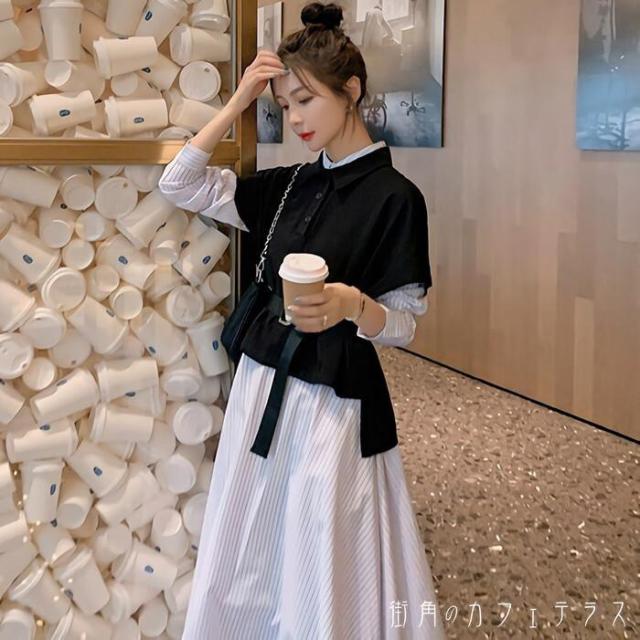 ワンピース×ニットベスト 2点セット セットアップ レイヤード 重ね着 