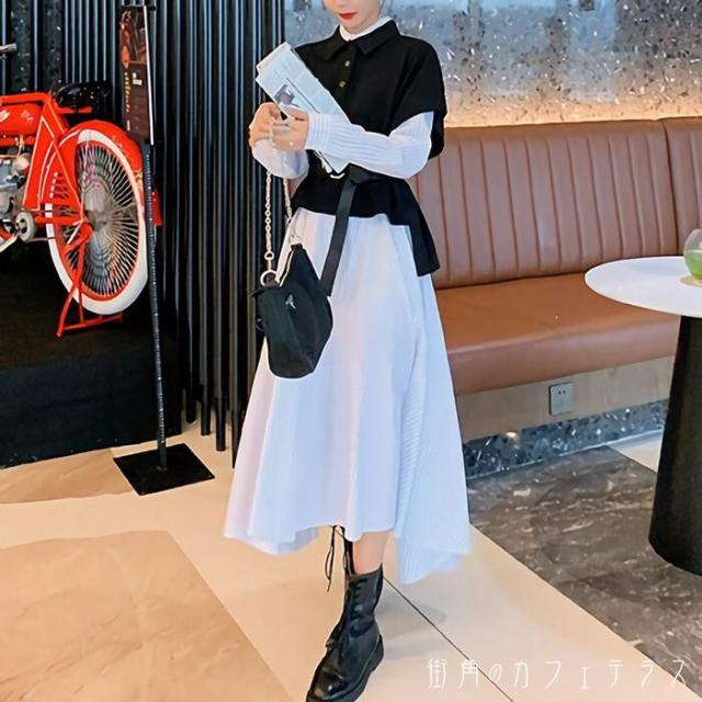 ワンピース×ニットベスト 2点セット セットアップ レイヤード 重ね着 