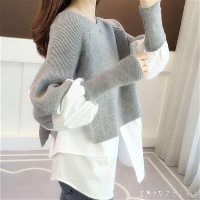 トップス 3色 セーター ロング丈 ロング 萌え袖 袖あり 長袖 ラウンドネック クルーネック Aライン フレア プルオーバー バイカラー 重ね着風 異素材切り替え ドッキング ニット かわいい 大人可愛い 大人女子 こなれ感 シンプル カジュアル 大人 上品 おしゃれ お洒落 ラフの通販は 4,910円
