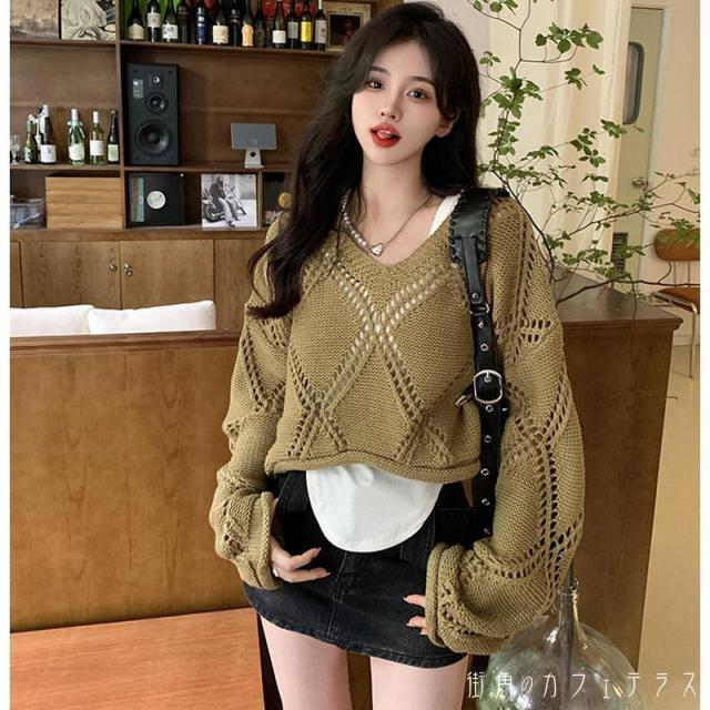 レディース トップス ニット 透かし編み 模様編み クロップド シンプル カジュアル スタイルアップ 着痩せ ゆったり 重ね着コーデ 大人かわいい こなれ感 長袖 カーキ ホワイト 白 20代 30代 40代 通勤 通学 お出掛け 女子会 お呼ばれ 秋冬の通販は 5,016円