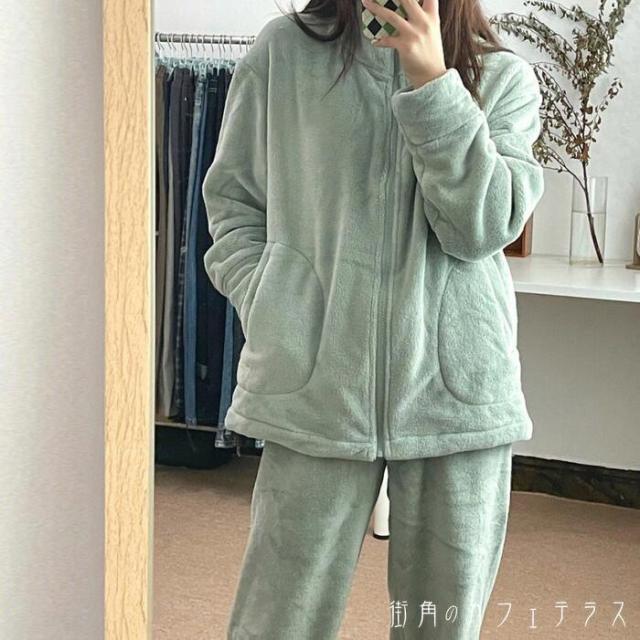 もこもこ モコモコ ルームウェア レディース 2点セット 上下セット ホームウェア 部屋着 寝巻き パジャマ ワンマイルウェア ふわふわ あったか 暖かい ふんわり フリース 厚手 マシュマロタッチ トップス 長袖 前あき カーディガン ジップアップ フルジップ スタンドネックの通販は