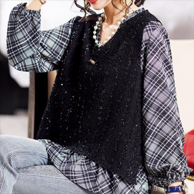 トップス ブラウス 袖あり 長袖 Vネック プルオーバー 異素材切り替え ドッキング かわいい 大人可愛い 大人女子 こなれ感 シンプル カジュアル 大人 上品 おしゃれ お洒落 ラフ コンサバ フェミニン ガーリー チェック柄 冬 30代 40代 レディース 女性用 ママ ママ服の通販は