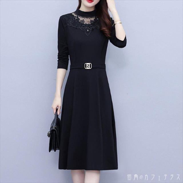 ロングドレス 3色 ドレス dress 衣装 ワンピース パーティドレス カラードレス ベルティングドレス ロング ロング丈 膝丈 ひざ丈 袖あり 長袖 クルーネック Aライン フレア ドッキング 異素材切り替え 透け感 シースルー ベロア フォーマル エレガント 可愛い 大人可愛いの通販は 5,314円