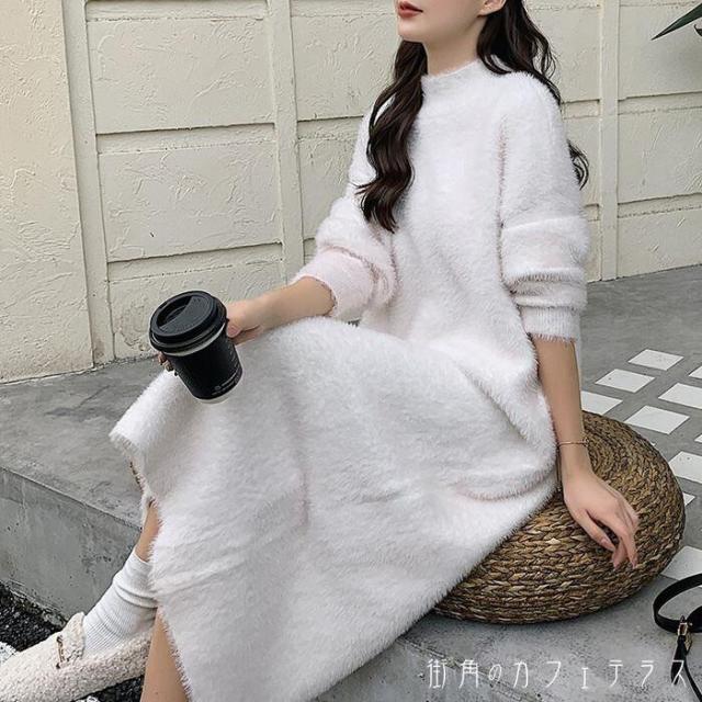 大きいサイズ シャギーニット ふわふわ モコモコ ニットワンピース ワンピース レディース ニットワンピ iライン ロングワンピース ロング丈 マキシワンピース マキシ丈 ハイネック 長袖 秋 冬 大人 シンプル カジュアル ガーリー フェミニン お出かけ 韓国 体型カバー 着痩せの通販は 4,805円