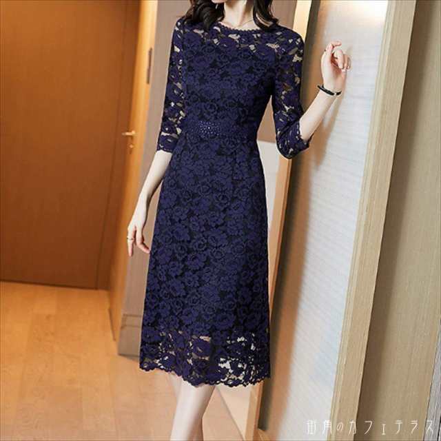 ロングドレス 2色 ワンピース ドレス dress 衣装 パーティドレス ロング ロング丈 膝丈 ひざ丈 袖あり 長袖 ラウンドネック Aライン フレア レース 透け感 シースルー エレガント 可愛い 大人可愛い きれいめ シンプル カジュアル シック コンサバ 華やか 大人 上品 おしゃれの通販は