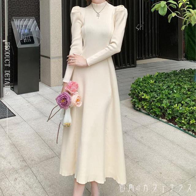 ワンピース レディース ニットワンピース フレアワンピース フレア ハイウエスト くびれ 美シルエット 長袖 パワショル ハイネック ロングワンピース ロング丈 マキシワンピース マキシ丈 無地 シンプル 着痩せ 細見え 体型カバー 脚長 大人 可愛い かわいい 上品 きれいめの通販は 5,980円