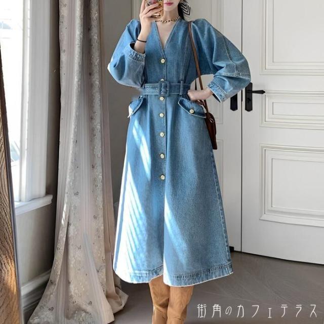 ワンピース レディース デニムワンピース デニムワンピ 前ボタン フロントボタン Vネック 深Vネック 長袖 ボリューム袖 aライン ロングワンピース ロング丈 ミモレ丈 ウエストマーク ベルト ゆったり 着痩せ 細見え 体型カバー 大人 カジュアル きれいめ 大人可愛い かわいいの通販は 4,858円