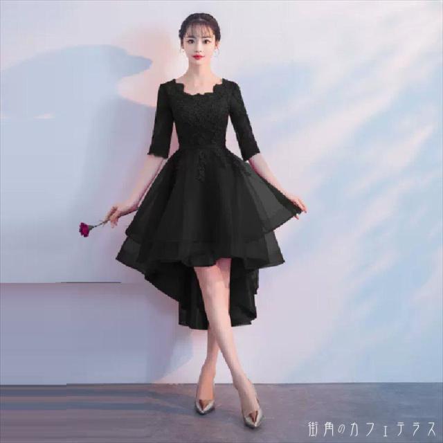 ドレス 3色 ロングドレス ワンピース 衣装 パーティドレス カラードレス ロング ひざ丈 ミモレ アシンメトリー丈 袖あり 七分丈 ラウンドネック Aライン フレア アシンメトリー レース 透け感 シースルー エレガント 上品 可愛い きれいめ シンプル シック コンサバ 華やかの通販は 8,430円