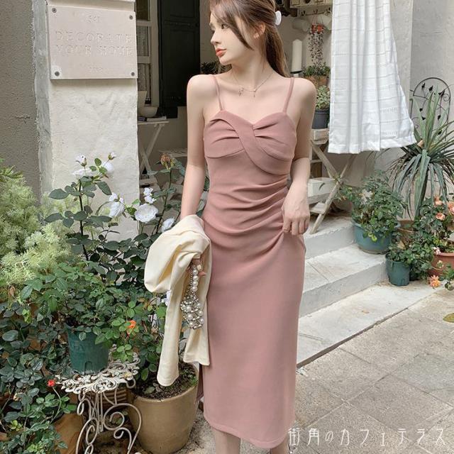 レディース ドレス パーティードレス ワンピース キャミドレス キャミソールドレス アシンメトリー シャーリング ギャザー 体型カバー スタイルアップ シンプル 上品 きれいめ 大人かわいい ミドル丈 ミモレ丈 スリット ノースリーブ ピンク ブラック 黒 結婚式 ２次会の通販は 5,681円