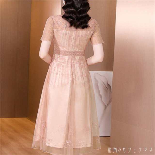 ロングドレス 2色 ドレス 衣装 ワンピース パーティドレス カラードレス ミモレ 袖あり 半袖 ラウンドネック Aライン フレア 透け感 シースルー 刺繍 エレガント 上品 可愛い きれいめ シンプル カジュアル コンサバ 華やか おしゃれ お洒落 レトロ 主役級 こなれ感 高見えの通販は