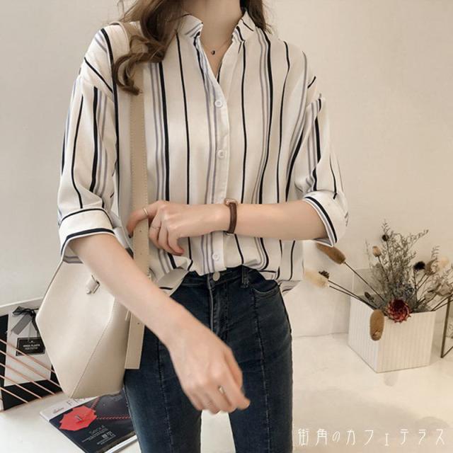 レディース トップス ブラウス シャツ スキッパー ストライプ キレイめ シンプル カジュアル こなれ感 スッキリ 体型カバー 半端袖 ７分袖 ホワイト グリーン レッド ブルー 白 緑 青 赤 20代 30代 40代 通勤 通学 オフィス お出掛け 女子会 お呼ばれ 春夏の通販は