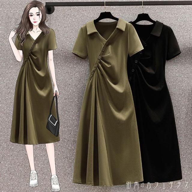 レディース ワンピース アシンメトリー シンプル カジュアル こなれ感 抜け感 シャーリング 大人かわいい ミディアム丈 ミモレ丈 ひざ下丈 半袖 グリーン ブラック 緑 黒 20代 30代 40代 通勤 通学 オフィス お出掛け 女子会 お呼ばれ 春夏の通販は