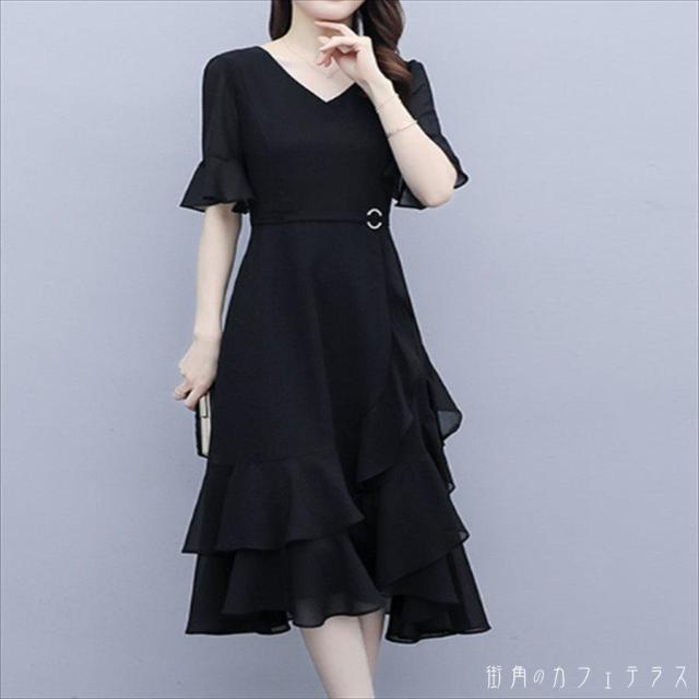 ロングドレス ドレス 2段フリル 衣装 ワンピース パーティドレス ペンシルスカート ロング アシンメトリー丈 袖あり 半袖 フレア袖 フレアスリーブ Vネック Aライン フレア 透け感 シースルー 薄手生地 エレガント 上品 可愛い きれいめ シンプル カジュアル シック コンサバの通販は 4,805円