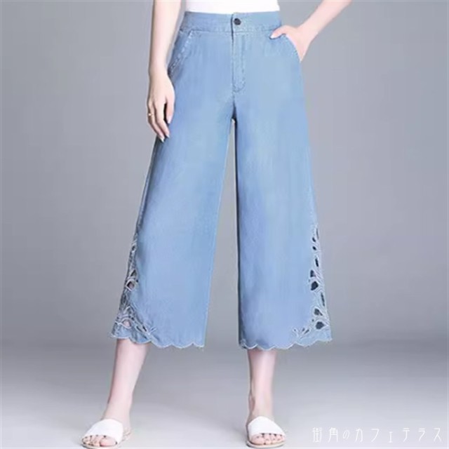 ガウチョパンツ フレアパンツ デニムパンツ 2パターン ロング ミモレ アンクル丈 Aライン フレア ポケット パンチング 刺繍 薄手生地 かわいい 大人可愛い 大人女子 綺麗 シンプル カジュアル 上品 おしゃれ お洒落 こなれ感 ラフ コンサバ 着痩せ レディライク ヘルシー系 夏の通販は