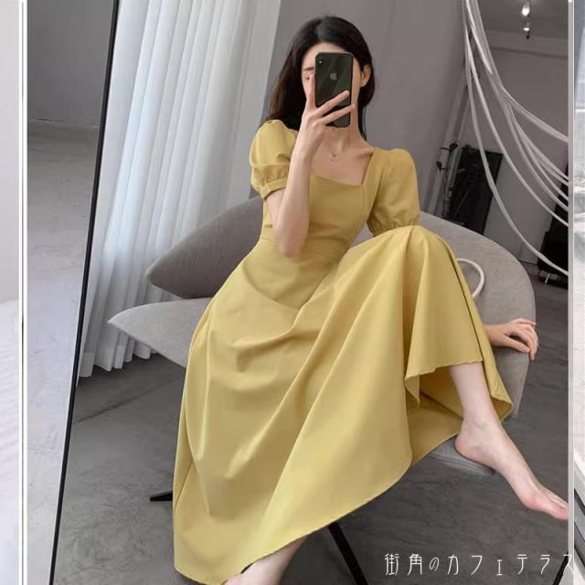 レディース ドレス パーティードレス ワンピース ふんわり袖 バルーンスリーブ ロング丈 スクエアネック イエロー レッド ブラック 黄色 赤 黒 結婚式 ２次会 お呼ばれ パーティー お食事会 ディナー ランチ お出かけ 春夏の通販は 4,910円