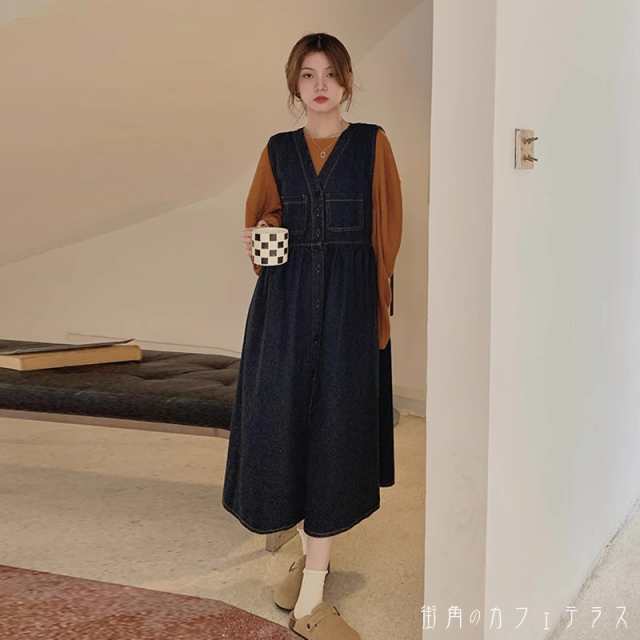 レディース ワンピース デニム ノースリーブ 袖なし ジャンパースカート ロング丈 こなれ感 大人かわいい ゆったり 体型カバー キュート ガーリー レトロ デニムブルー ブルー 青 紺 20代 30代 40代 通勤 通学 お出掛け 女子会 お呼ばれ 春秋冬の通販は 5,621円