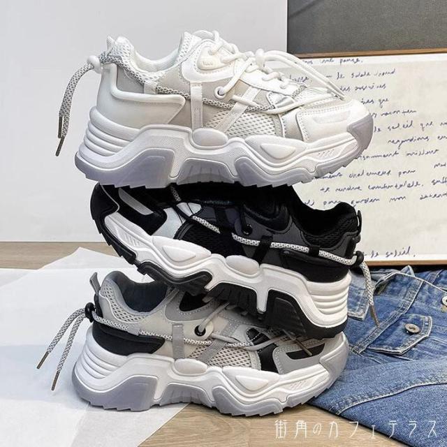 ダッドスニーカー スニーカー 靴 シューズ レディース 厚底 ロゴ 無地 シンプル 配色 バイカラー ラウンドトゥ 安定感 歩きやすい 疲れにくい 脚長 スタイルアップ 大人 カジュアル スポーティー スポーツ 韓国 お出かけ 普段使い アクティブ レジャー 旅行 秋冬 20代 30代の通販は