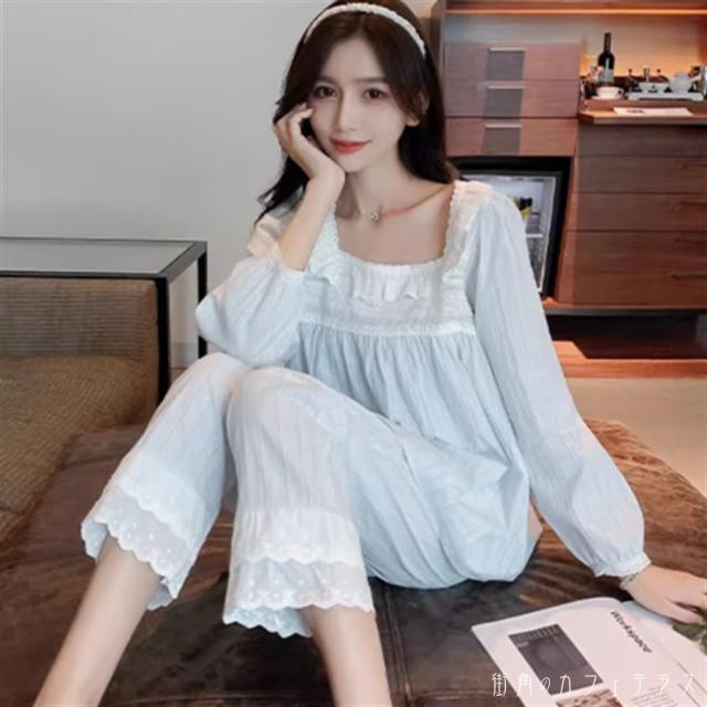 ルームウェア ナイトウェア パジャマ 上下セット 2点セット パンツ ロング ロング丈 袖あり 長袖 ラウンドネック Aライン フレア レース 可愛い 大人可愛い きれいめ シンプル カジュアル コンサバ 華やか 大人 おしゃれ お洒落 こなれ感 フェミニン 無地 秋 30代 40代 5,280円