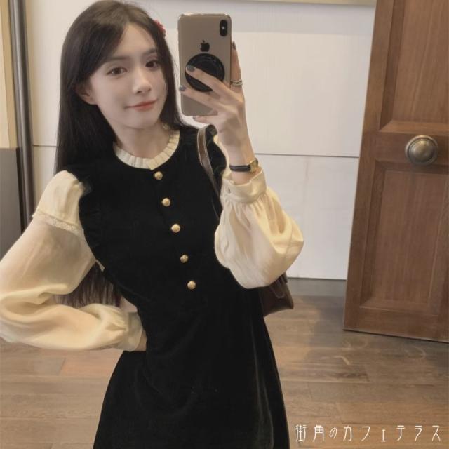 レディース ワンピース カラー切り替え フリル 透け感 シアー ガーリー レトロ 大人かわいい Aライン ロング丈 ミモレ丈 こなれ感 長袖 オフホワイト ブラック 黒 20代 30代 40代 通勤 通学 オフィス お出掛け 女子会 お呼ばれ 秋冬の通販は 5,980円