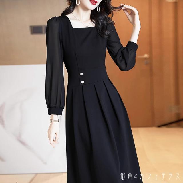 レディース ドレス パーティードレス ワンピース ミドル丈 ミディアム丈 スクエアネック 上品 シンプル ノーブル 大人かわいい レトロ 長袖 ブラック 黒 結婚式 ２次会 お呼ばれ パーティー お食事会 ディナー ランチ お出かけ 春秋冬の通販は 6,703円