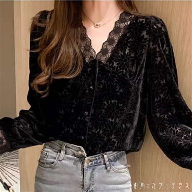 トップスファッション ブラウス 袖あり 長袖 Vネック プルオーバー レース ベロア 厚手生地 かわいい 大人可愛い 大人女子 こなれ感 シンプル カジュアル 大人 上品 おしゃれ お洒落 ラフ コンサバ 花柄 冬 30代 40代 レディース 女性用 ママ デート お出かけ お茶会 女子会の通販は