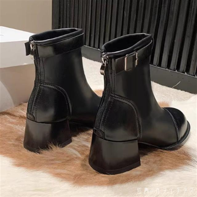 ブーツ 2色 ショート チャンキーヒール 丸トゥ ラウンドトゥ 異素材ドッキング 切り換え ベルト PU フェイクレザー レザー 革 合皮 レトロ クラシカル フォーマル エレガント 可愛い 大人可愛い きれいめ シンプル カジュアル シック コンサバ 華やか 大人 上品 おしゃれの通販は