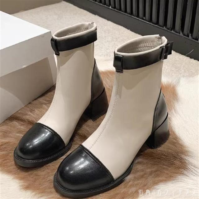 ブーツ 2色 ショート チャンキーヒール 丸トゥ ラウンドトゥ 異素材ドッキング 切り換え ベルト PU フェイクレザー レザー 革 合皮 レトロ クラシカル フォーマル エレガント 可愛い 大人可愛い きれいめ シンプル カジュアル シック コンサバ 華やか 大人 上品 おしゃれの通販は