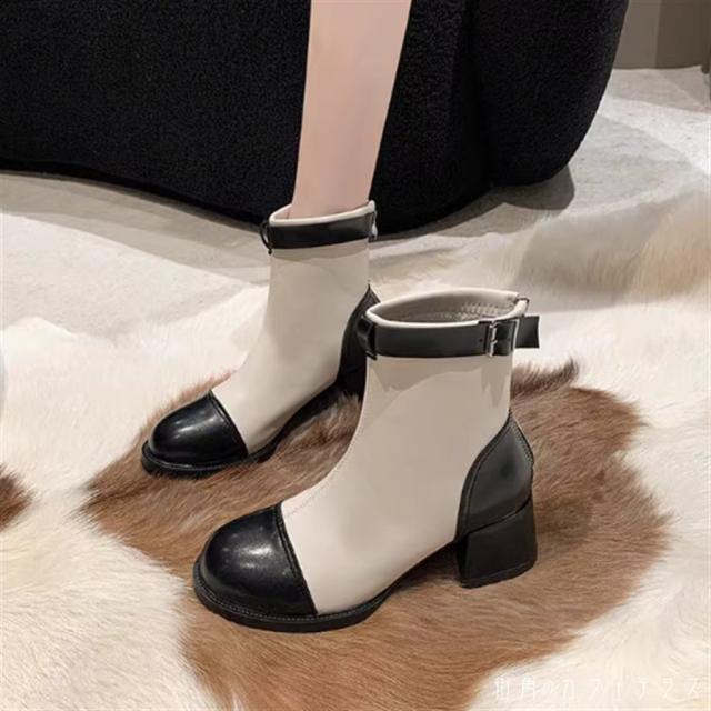 ブーツ 2色 ショート チャンキーヒール 丸トゥ ラウンドトゥ 異素材ドッキング 切り換え ベルト PU フェイクレザー レザー 革 合皮 レトロ クラシカル フォーマル エレガント 可愛い 大人可愛い きれいめ シンプル カジュアル シック コンサバ 華やか 大人 上品 おしゃれの通販は