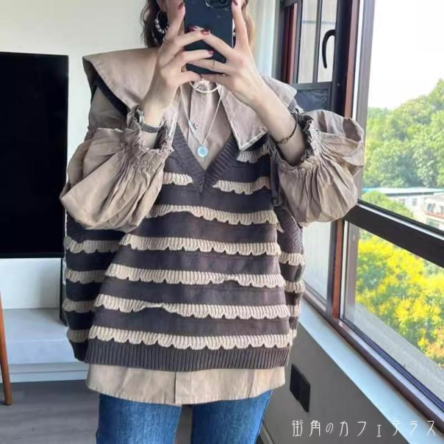 レディース トップス ブラウス ベスト ニット フリル キュート レトロ ガーリー オーバーサイズ ボーダー ゆったり 体型カバー 大人かわいい 長袖 ノースリーブ ブラウン ブラック カーキ 20代 30代 40代 通勤 通学 お出掛け 女子会 お呼ばれ 秋冬の通販は