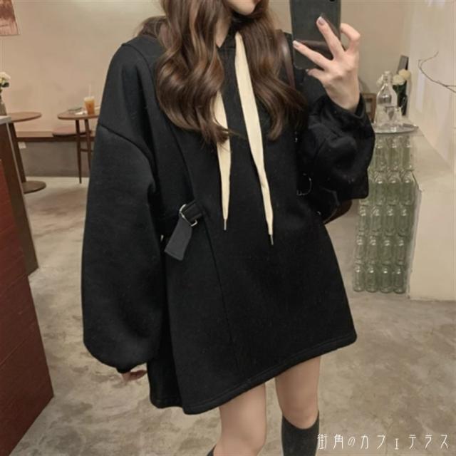 トップス 2色 セーター チュニック パーカー 萌え袖 袖あり 長袖 クルーネック フード付き Aライン フレア ロング丈 ベルト 厚手生地 かわいい 大人可愛い 大人女子 こなれ感 シンプル カジュアル 大人 おしゃれ お洒落 ラフ コンサバ ガーリー 無地 冬 30代 40代 レディースの通販は