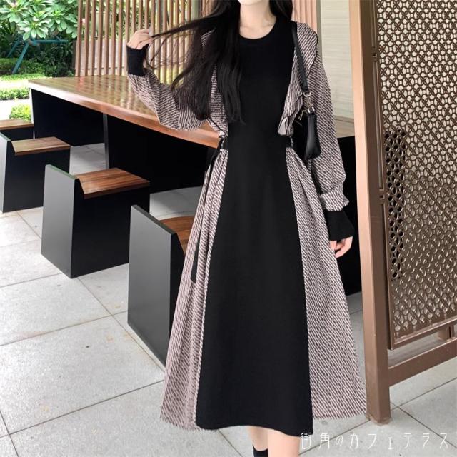 レディース ドレス パーティードレス ワンピース ロング丈 ミモレ丈 カラー切り替え ドッキング Aライン ふんわり袖 スタイルアップ シンプル 大人かわいい こなれ感 長袖 ブラック 黒 結婚式 ２次会 お呼ばれ パーティー お食事会 ディナー ランチ お出かけ 秋冬の通販は 5,382円