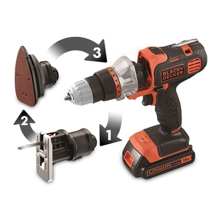 (中古品) ブラックアンドデッカー(BLACK+DECKER) マルチツール 18V EVO183B1 ドリルドライバー・ジグソー・サンダーのヘッドアタッチメント、ビット11種、バッテリー×2、専用キットボックス付き