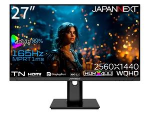 (中古品) JAPANNEXT 27インチ モニター WQHD 2560x1440解像度 TN ディスプレイ (HDMI/DisplayPort/スピーカー内蔵/高さ調節/回転(ピボット)機能/VESA対応/ブルーライトカット) JN-27GT165WQHDR-HSP