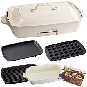 (中古品) BRUNO ブルーノ ホットプレート グランデ サイズ 本体 プレート4種 (たこ焼き 平面 深鍋 グリル) レシピブック付き ホワイト White 白 おしゃれ かわいい これ1台 蓋 ふた付き 温度調節 洗いやすい 4人 5人用 大型 大きいサイズ 多人数 ワイド 幅約50？ BOE026-WH...
