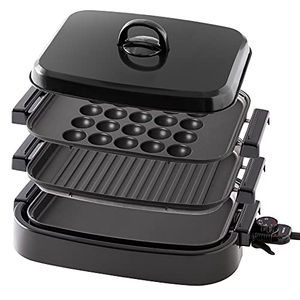 (中古品) [山善] ホットプレート 3WAY (平面プレート/波型プレート/たこ焼きプレート) 着脱式 ワンタッチ操作 蓋付き フッ素コーティング EDH-T1300(B)