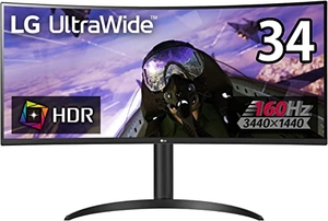 (中古品) LG ゲーミング モニター UltraGear 34WP65C-B 34インチ/21:9 曲面 ウルトラワイド(3440×1440)/VA/160Hz/1ms MBR/HDR/FreeSync Premium/HDMI×2DisplayPort×1/スピーカー/高さ調節/安心・無輝点保証