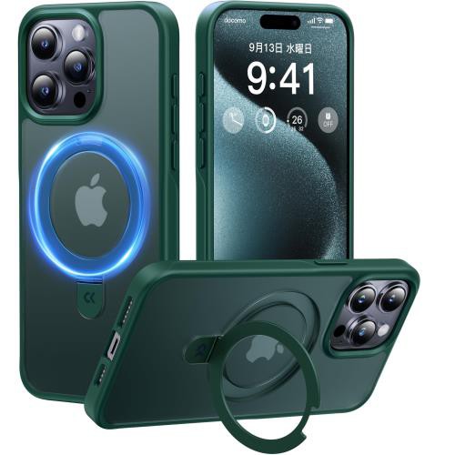2024必見！4in1多機能満載CASEKOO iPhone 15 Pro 用 ケース 米軍MIL規格 耐衝撃 MagSafe対応隠しスタンド 指紋防止 マット仕上げ 黄変防止 薄型半透明 スマホケース ストラップホール付き ワイヤレス充電対応 アイフォン15pro用ケース（グリーン）の通販は 7,672円