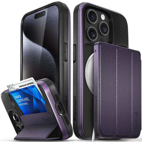VENA vCommuteX 取り外し可能なウォレットケース Apple iPhone 15 Pro Max (6.7 インチ) 用 (Magsafe 対応、軍用落下保護) レザーカバー カードスロットホルダー キックスタンド付き - ディープパープル/ブラックの通販は