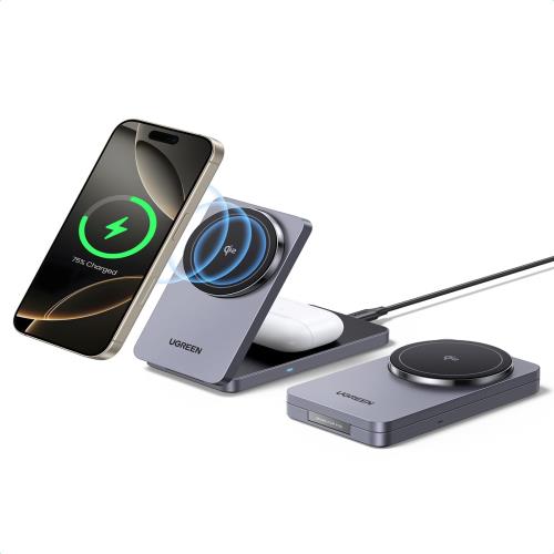 UGREEN MagFlow ワイヤレス充電器 Qi2対応 (2-in-1) Wireless Charger MagSafe QI2充電スタンド 2台同時充電 マグネット式 マグセーフ 折り畳み式 角度調整可能 合金質感 コンパクトサイズiPhone16/15/14/13/12/iWatch/ワイヤレスイヤホンに対応