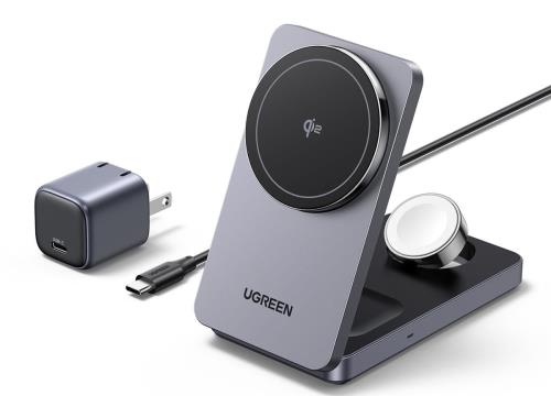 UGREEN 3 in 1 MagFlow ワイヤレス充電器 Qi2対応 MagSafe認証 Apple Watch 充電器 最大15W急速充電 3台同時充電可能 スタンド型ワイヤレス充電器 iPhone 16/15/14/13/ 12/ mini/Pro/Pro Max/Apple Watch 9/8/7/6/5/4/3/2/1/SE, AirPods Pro/3/2 対応 MFI認証済み