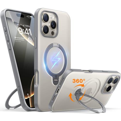 チタングレー専用色・マット感TORRAS iPhone16Pro 用 ケース ゼンマイ式スタンド縦横両対応 リング マグネット搭載 MagSafe対応 ワイヤレス充電対応 米軍MIL規格耐衝撃 指紋防止 黄変防止 マグセーフ対応 6.3インチ いphone16pro 用ケース「Ostand Spin」