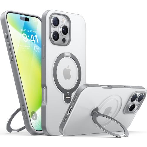 チタングレー専用色・マット感TORRAS iPhone 16 Pro Max 用 ケース ゼンマイ式スタンド 縦横両対応 リング マグネット搭載 MagSafe対応 ワイヤレス充電対応 米軍MIL規格耐衝撃 指紋防止 黄変防止 マグセーフ対応 6.9インチ いphone16pro max 用 ケース「Ostand Spin」チタング