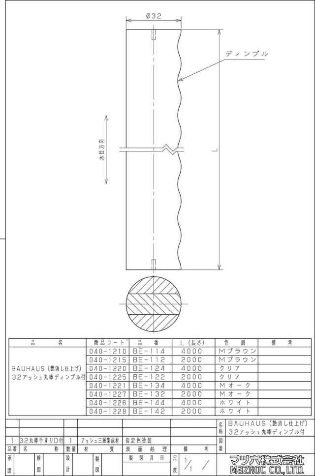 マツ六 手すり棒 BAUHAUS 32アッシュ丸棒 ディンプル付 BE-142 ホワイト 2m