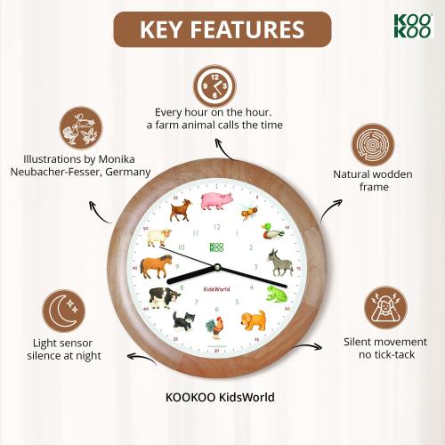 KOOKOOキッズワールド 木目色 動物の声が聞ける 壁掛け時計 12種類の農場での動物が時を告げる 壁時計 かわいい壁時計 子供部屋に最適 癒される音_1