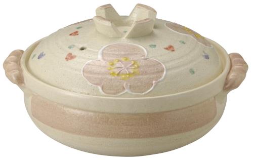 三陶 萬古焼 土鍋 ベージュ 9号 13697 (深鍋) 4-5人用 ピンク花紋